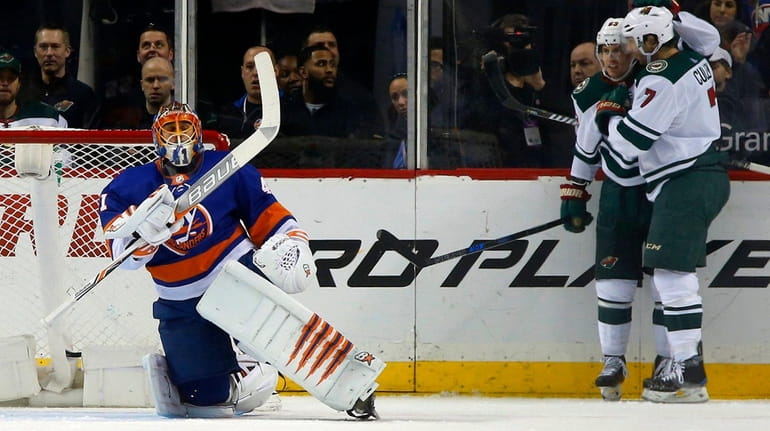Jaroslav Halak #41 of the New York Islanders looks on...