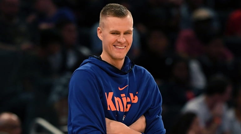 Kristaps Porzingis smiles during Knicks practic at Madison Square Garden on Sept....