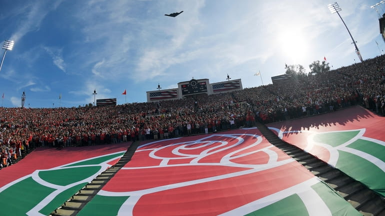 The Rose Bowl logo is seen during a fly over...