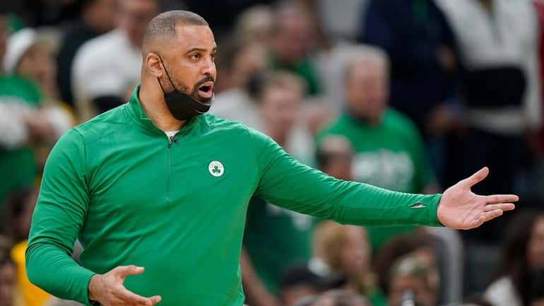 FILE - Boston Celtics coach Ime Udoka reacts during the...