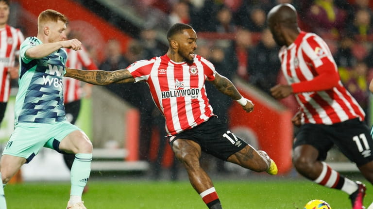 Brentford's Ivan Toney takes a shot at goal during the...