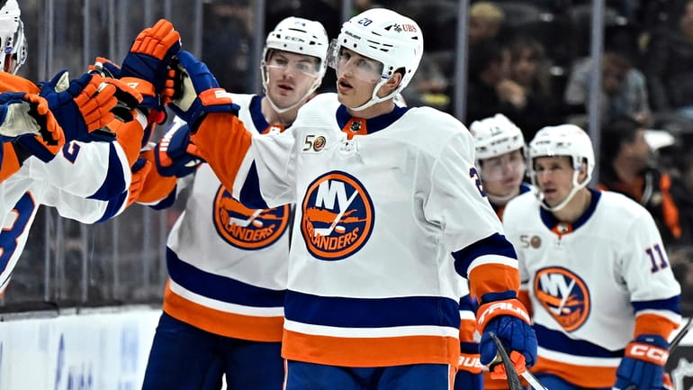 Islanders right wing Hudson Fasching is congratulated after scoring against the...