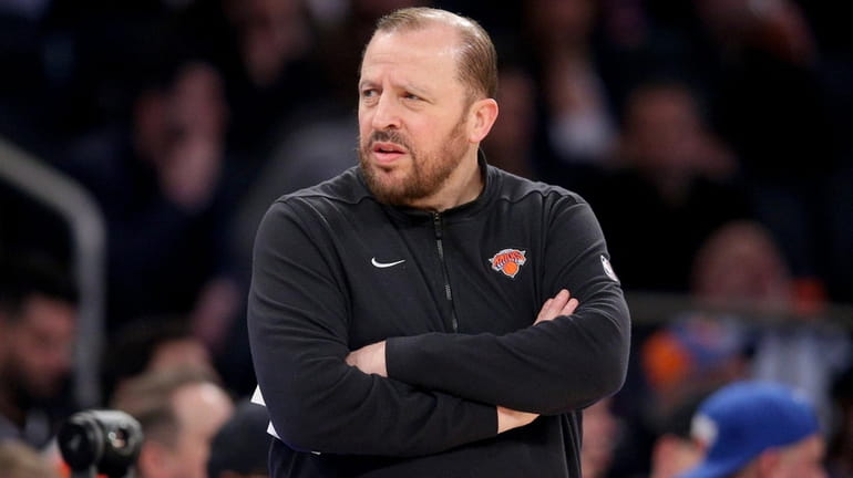 Knicks head coach Tom Thibodeau reacts as he coaches against...