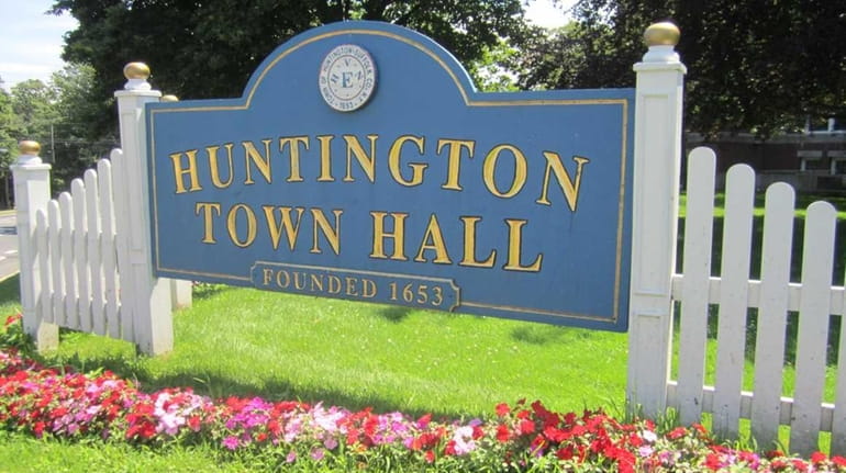 A sign outside Huntington Town Hall is seen in an...