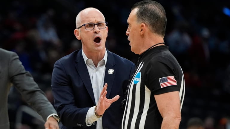 UConn head coach Dan Hurley argues with an official during...