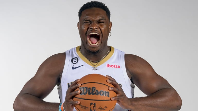 New Orleans Pelicans power forward Zion Williamson at media day...