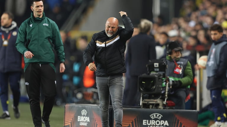 Sevilla's head coach Jorge Sampaoli gestures during the Europa League...