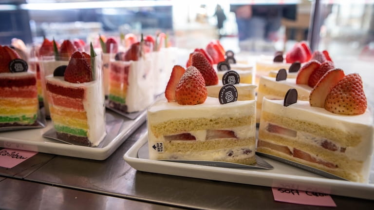 Strawberry soft cream and rainbow cake slices at Paris Baguette...