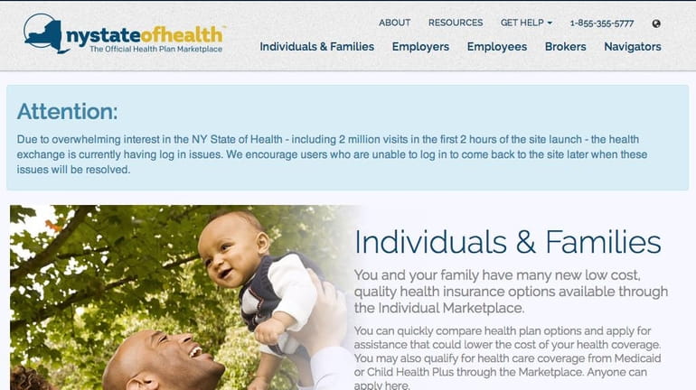 A screengrab of New York's health exchange website directs users...