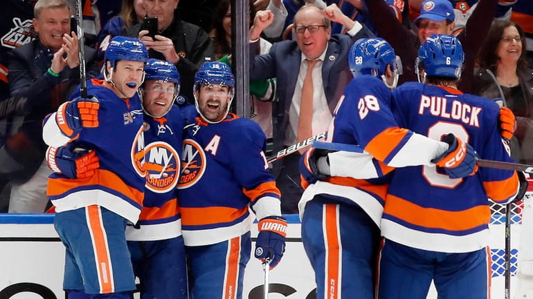 Casey Cizikas #53 of the Islanders celebrates his goal against...