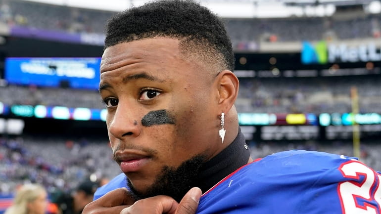 Giants running back Saquon Barkley after playing against the Chicago...