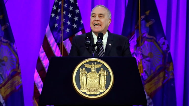 New York State Comptroller Thomas DiNapoli delivers his address after...