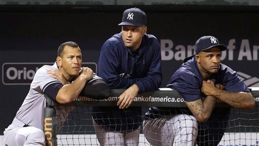 Yankees' Alex Rodriguez, left, Derek Jeter and CC Sabathia, right,...
