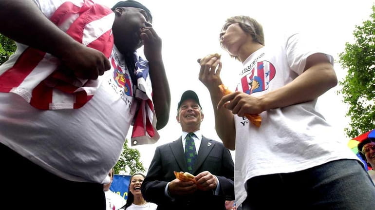 Mayor Michael Bloomberg oversees the weigh-in of Nathan's Famous Hot...