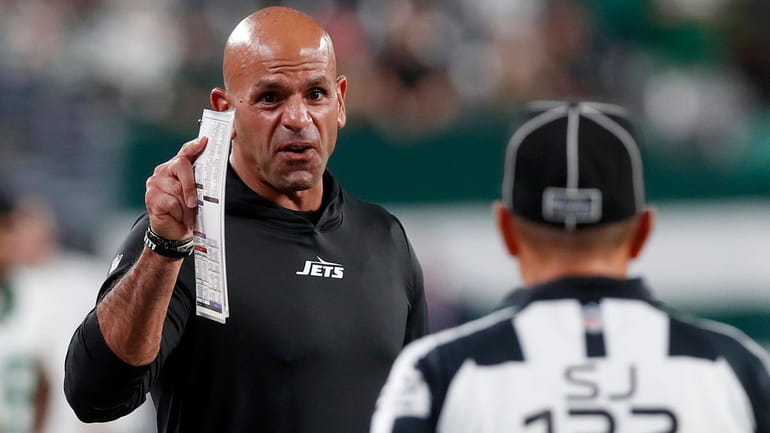 Jets head coach Robert Saleh commits an unsportsmanlike conduct penalty late...