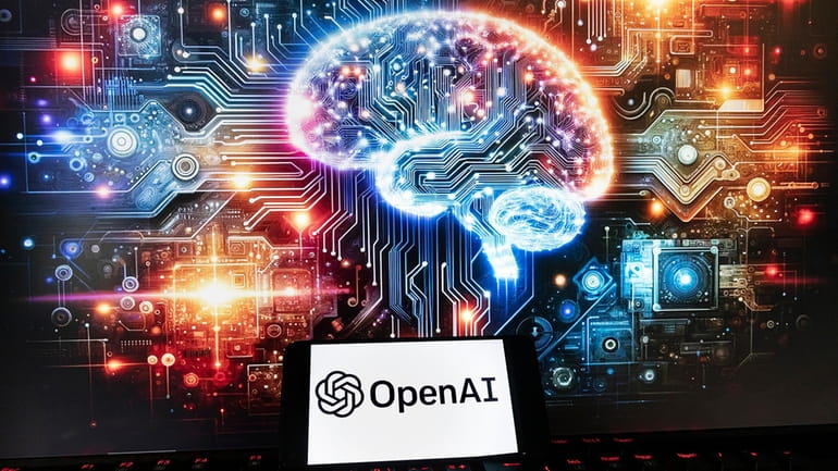 The OpenAI logo is displayed on a cell phone with...