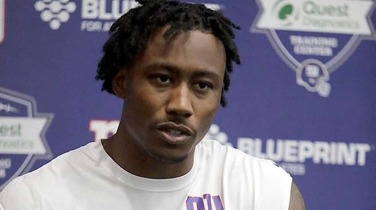 Giants wide receiver Brandon Marshall speaks to the press during...