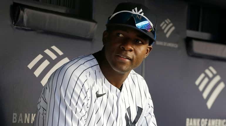Estevan Florial of the Yankees looks on before a game against the Rays...