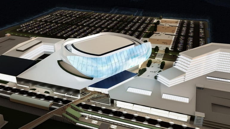 A rendering shows a nighttime view of an arena complex...