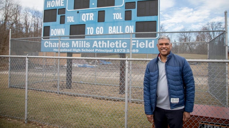 Knicks president Steve Mills visits an athletic field in Hempstead...