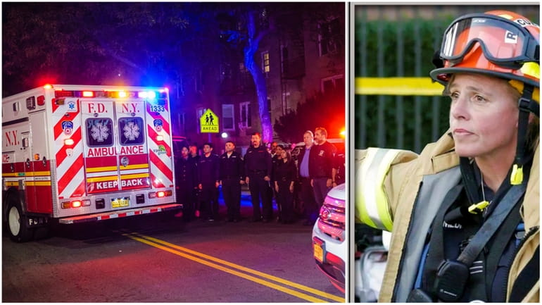 FDNY personnel stand to attention as slain Lt. Alison Russo’s...