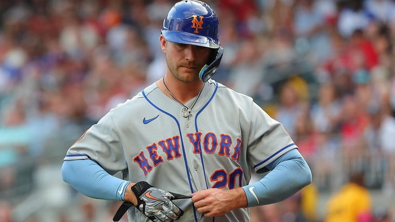 Pete Alonso of the Mets reacts as he is pulled...