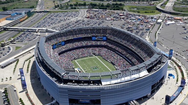 FILE - This is an aerial view showing MetLife Stadium...