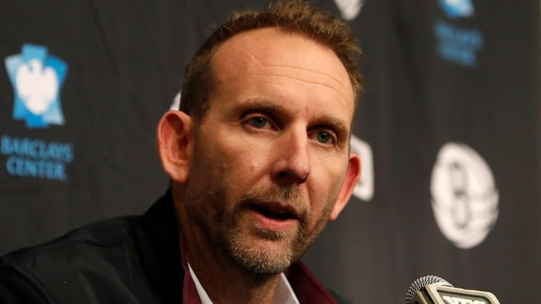 Nets GM= Sean Marks speaks to the media before a game...