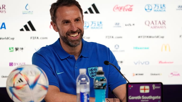 England manager Gareth Southgate speaks to the media during a...