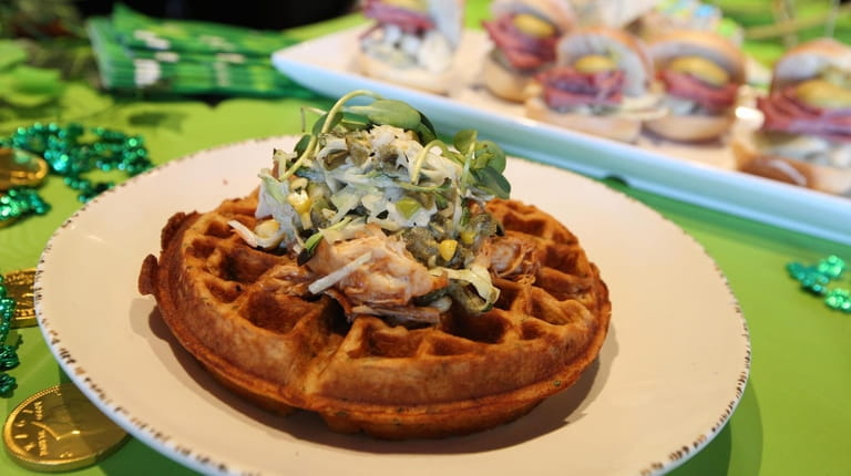 A Jameson BBQ chicken infused waffle with jalapeno corn slaw.