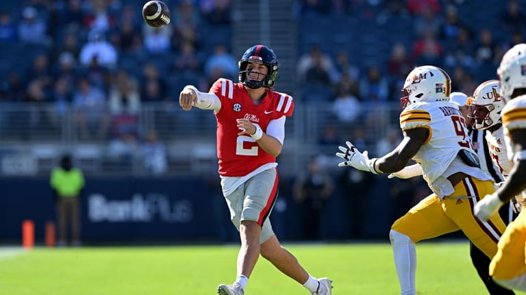 Mississippi quarterback Jaxson Dart (2) releases a pass during the...