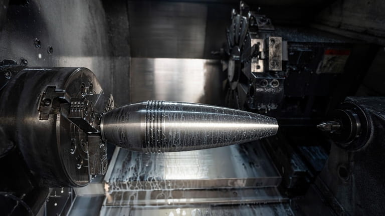 A mortar shell on a lathe at a factory in...