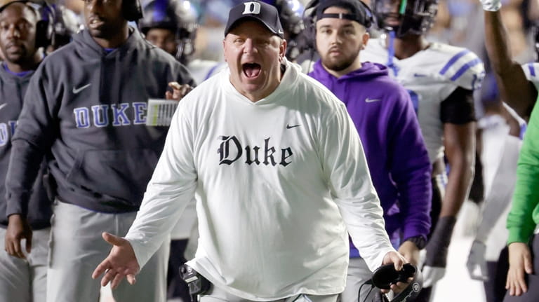 Duke coach Mike Elko reacts to a play during the...
