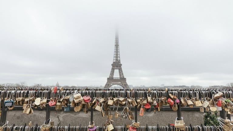 Padlocks, known as 'love locks' at the viewpoint to the...