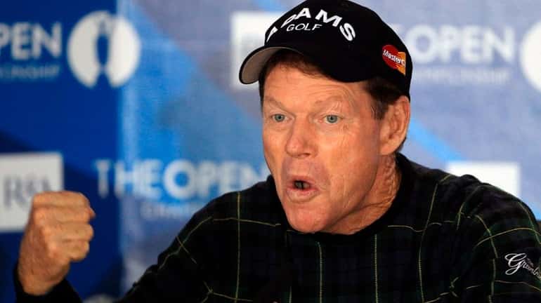 Tom Watson gestures during a press conference before the start...