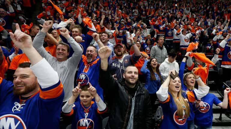 Islanders fans celebrate a goal during the second period of Game...
