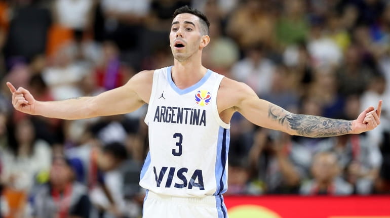 Argentina's Luca Vildoza gestures against Serbia during a FIBA Basketball World Cup...