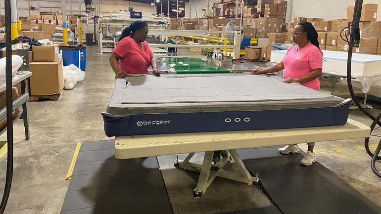 Pillows and mattresses are produced at Bedgear’s 300,000-square-foot manufacturing facility...