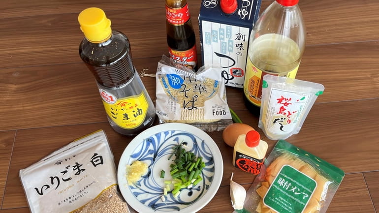 This photo shows the ingredients to cook ramen easily in...