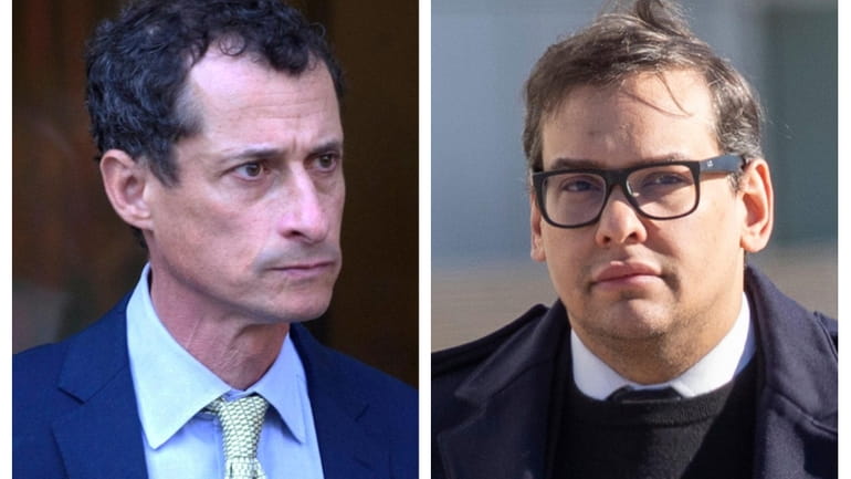 Former Reps. Anthony Weiner, left, and George Santos, both vacated...