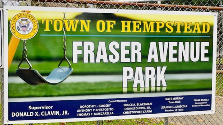Fraser Avenue Park sign displaying Town of Hempstead officials' names,...
