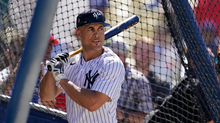 Yankees' Giancarlo Stanton takes batting practice a day before the...