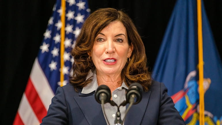 Gov Kathy Hochul speaks during a news conference at the...