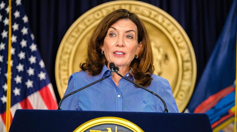 Gov Kathy Hochul speaks during a news conference about relief...