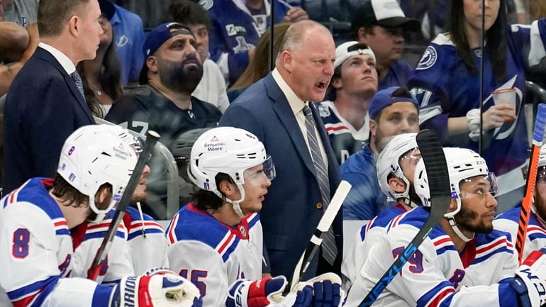 Rangers head coach Gerard Gallant yells to his players during...