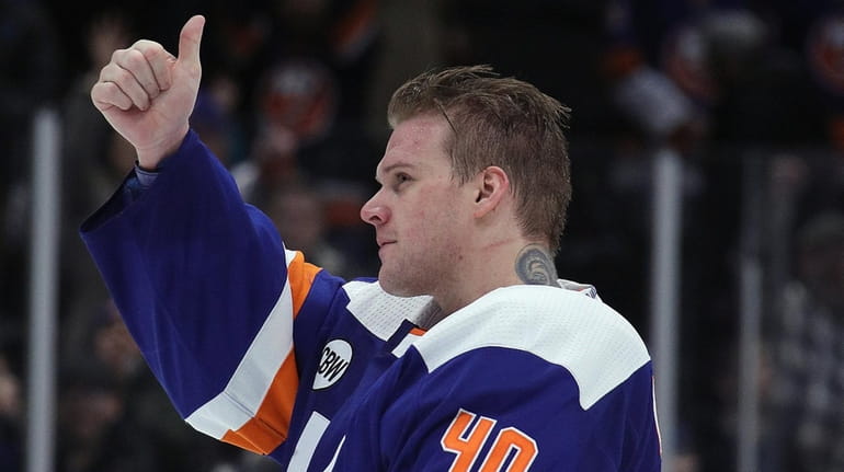 Islanders goalie Robin Lehner celebrates a shutout against the Ducks at...