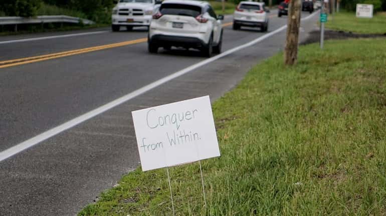 One of several lawn signs posted on Route 25A between...