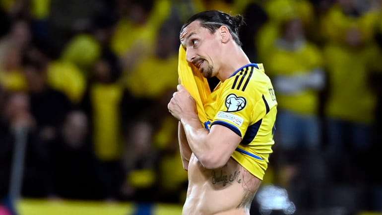 Sweden's Zlatan Ibrahimovic wipes his brow during the Euro 2024...