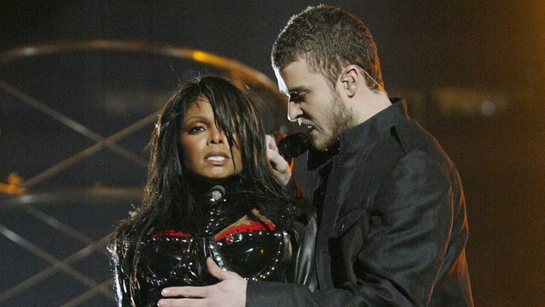 Janet Jackson and surprise guest Justin Timberlake perform during the...
