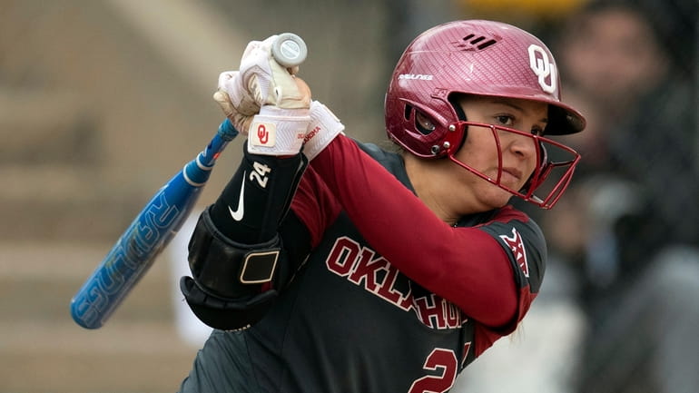 Oklahoma's Jayda Coleman (24) bats during an NCAA college softball...